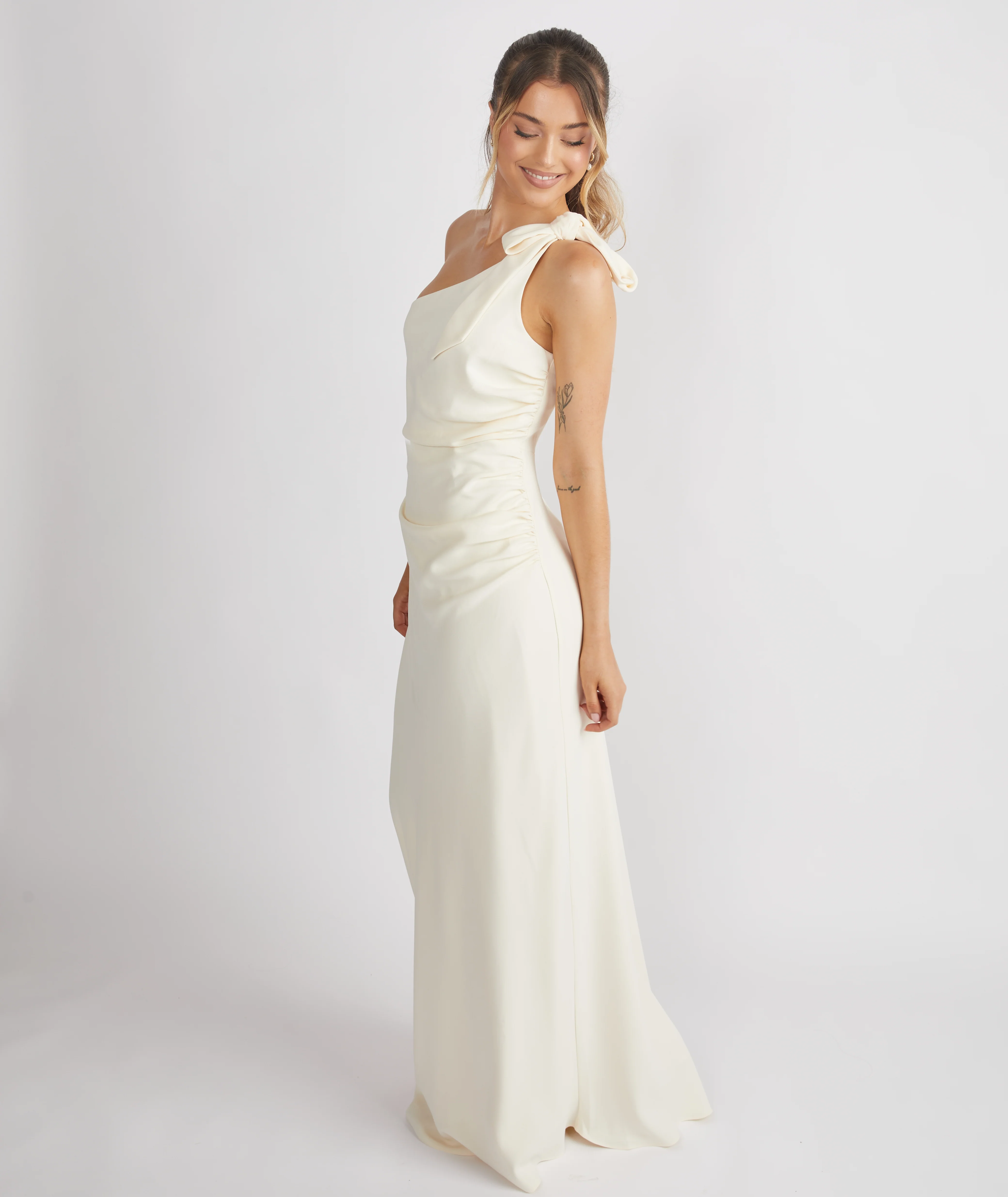 Bow One Shoulder Crepe Bridesmaid Dress - Almond - Image 4