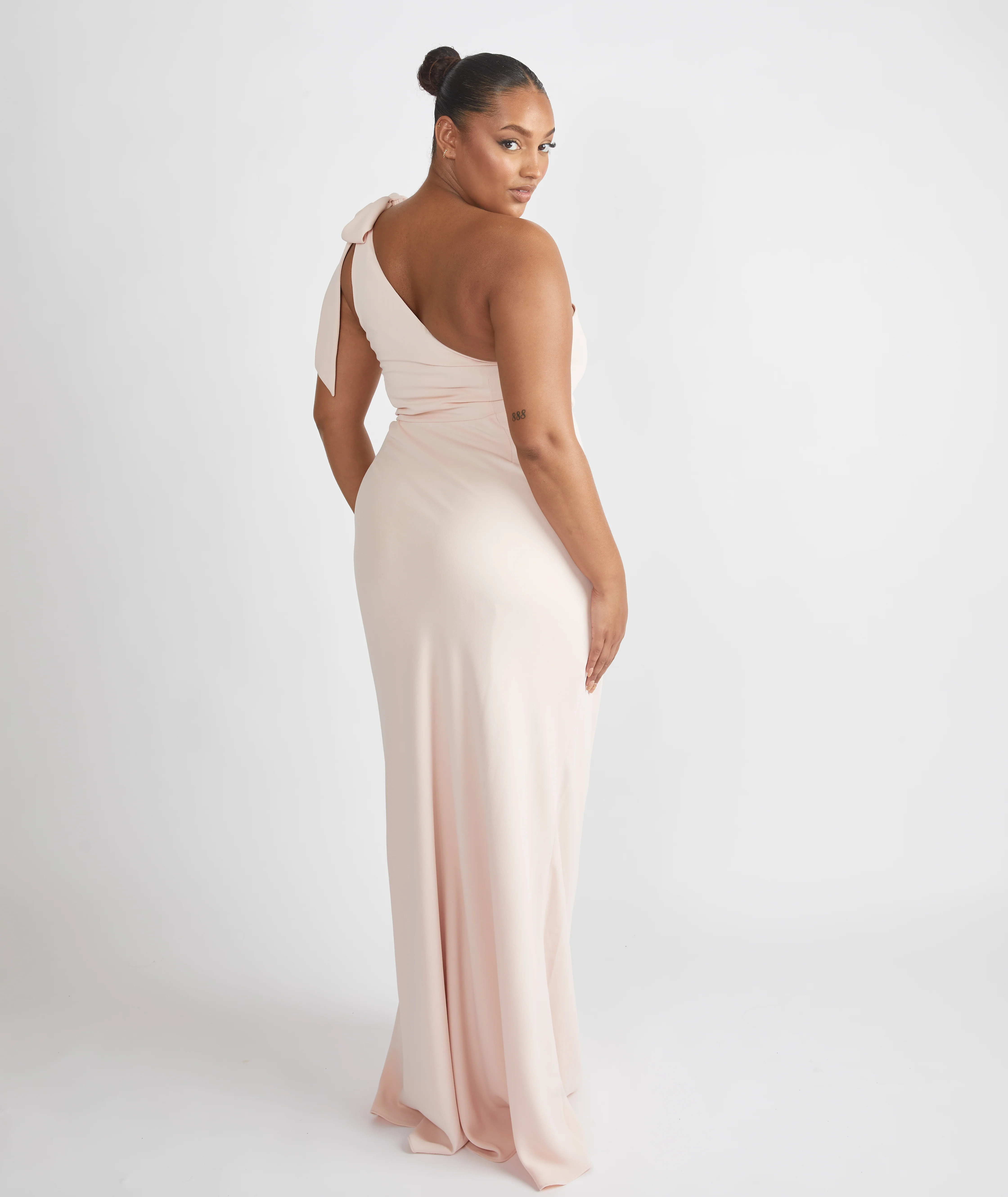 Bow One Shoulder Crepe Bridesmaid Dress - Blush - Image 3