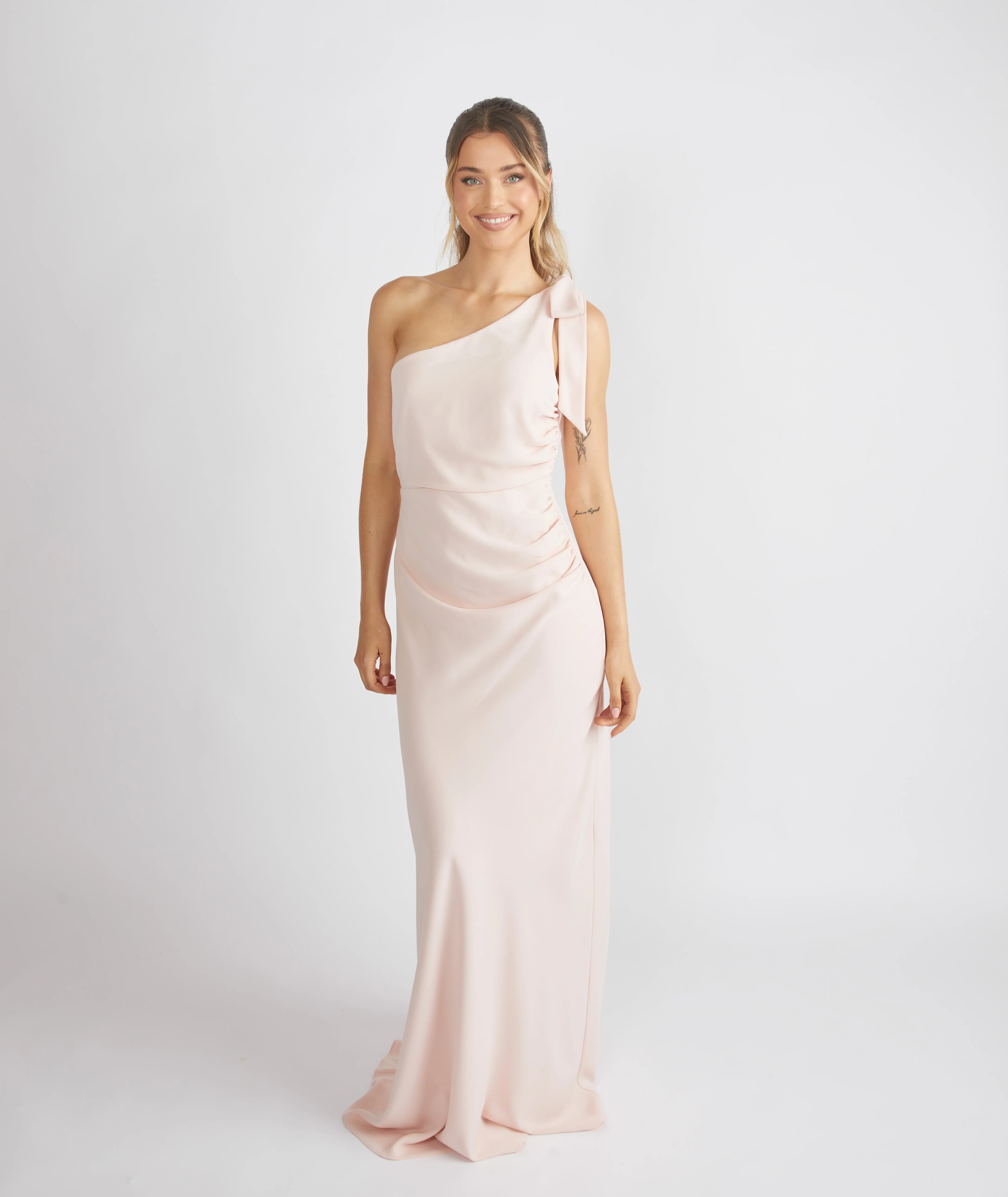 Bow One Shoulder Crepe Bridesmaid Dress - Blush - Image 4