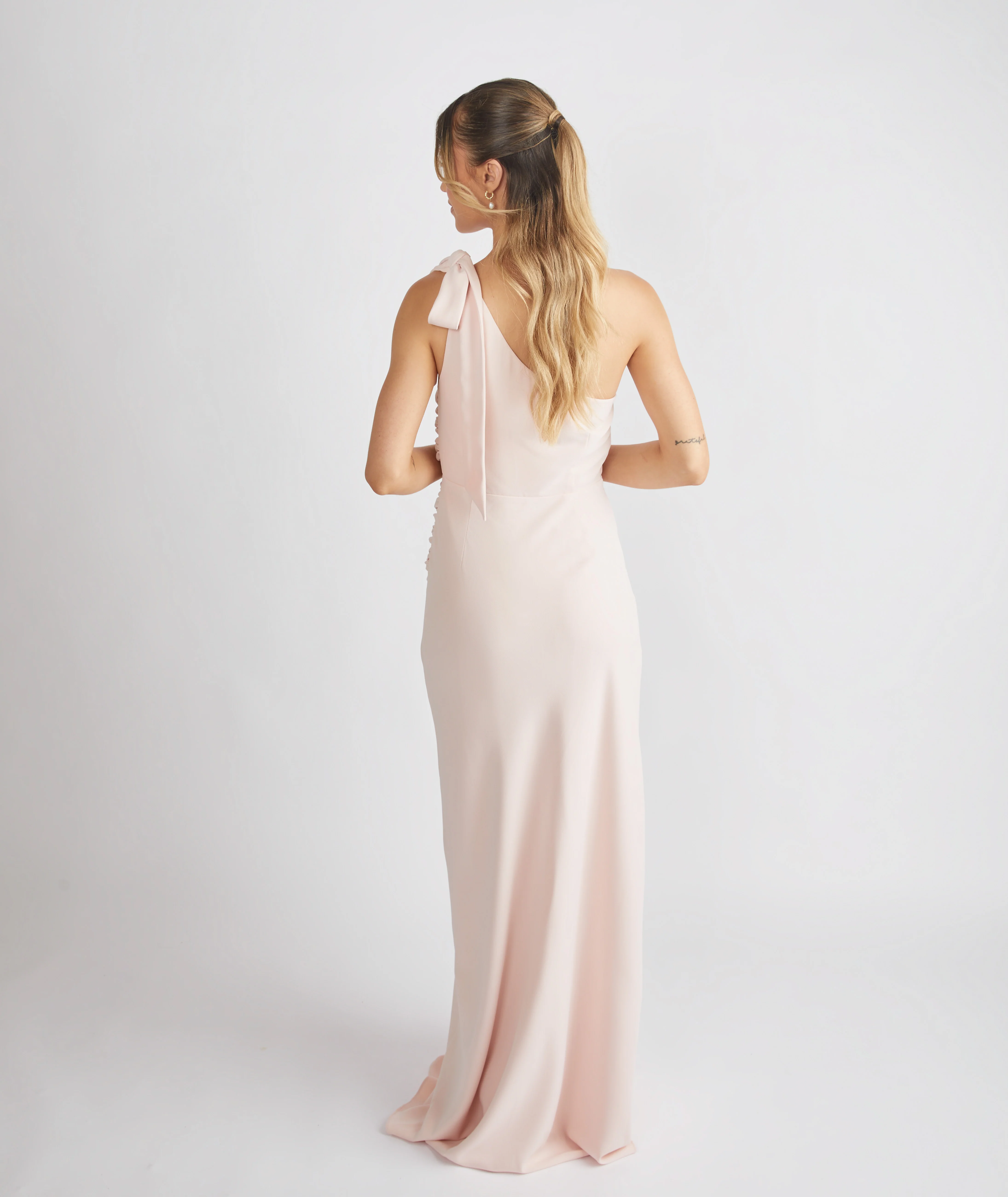 Bow One Shoulder Crepe Bridesmaid Dress - Blush - Image 7