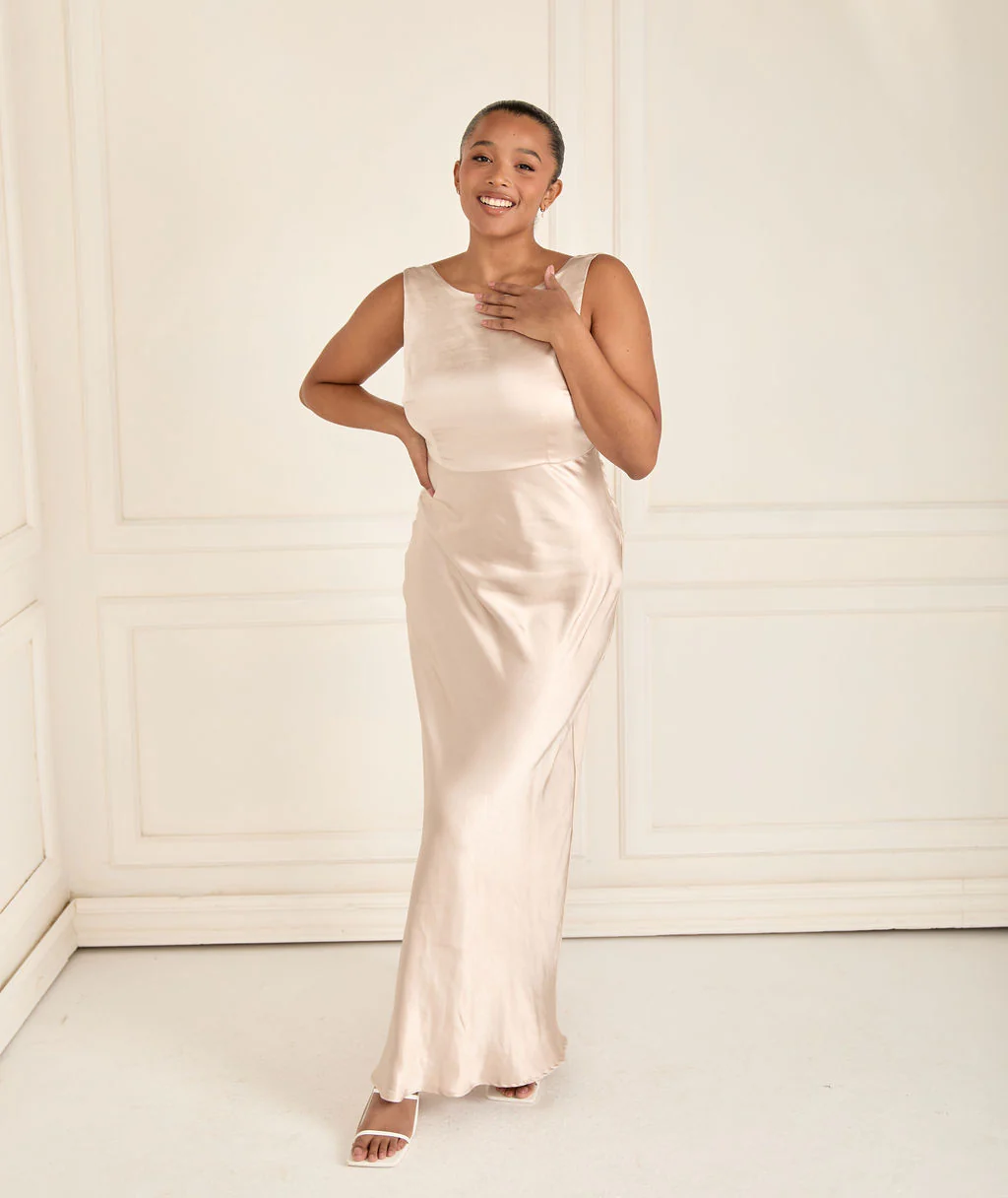 Cowl Back Satin Bridesmaid Dress - Oyster - Image 4