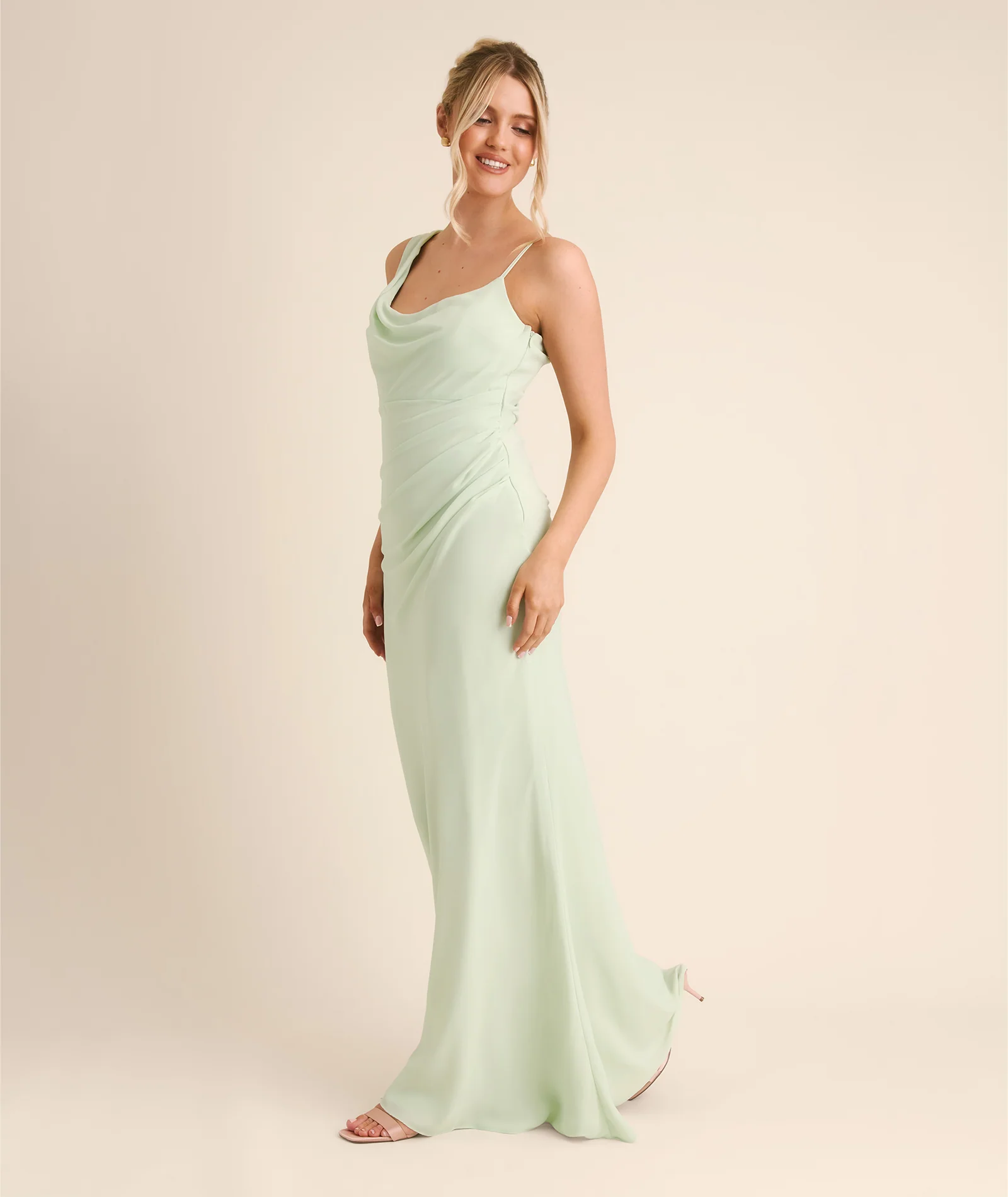 Cowl Front Asymmetrical Chiffon Bridesmaid Dress - Mint Green - Image 4