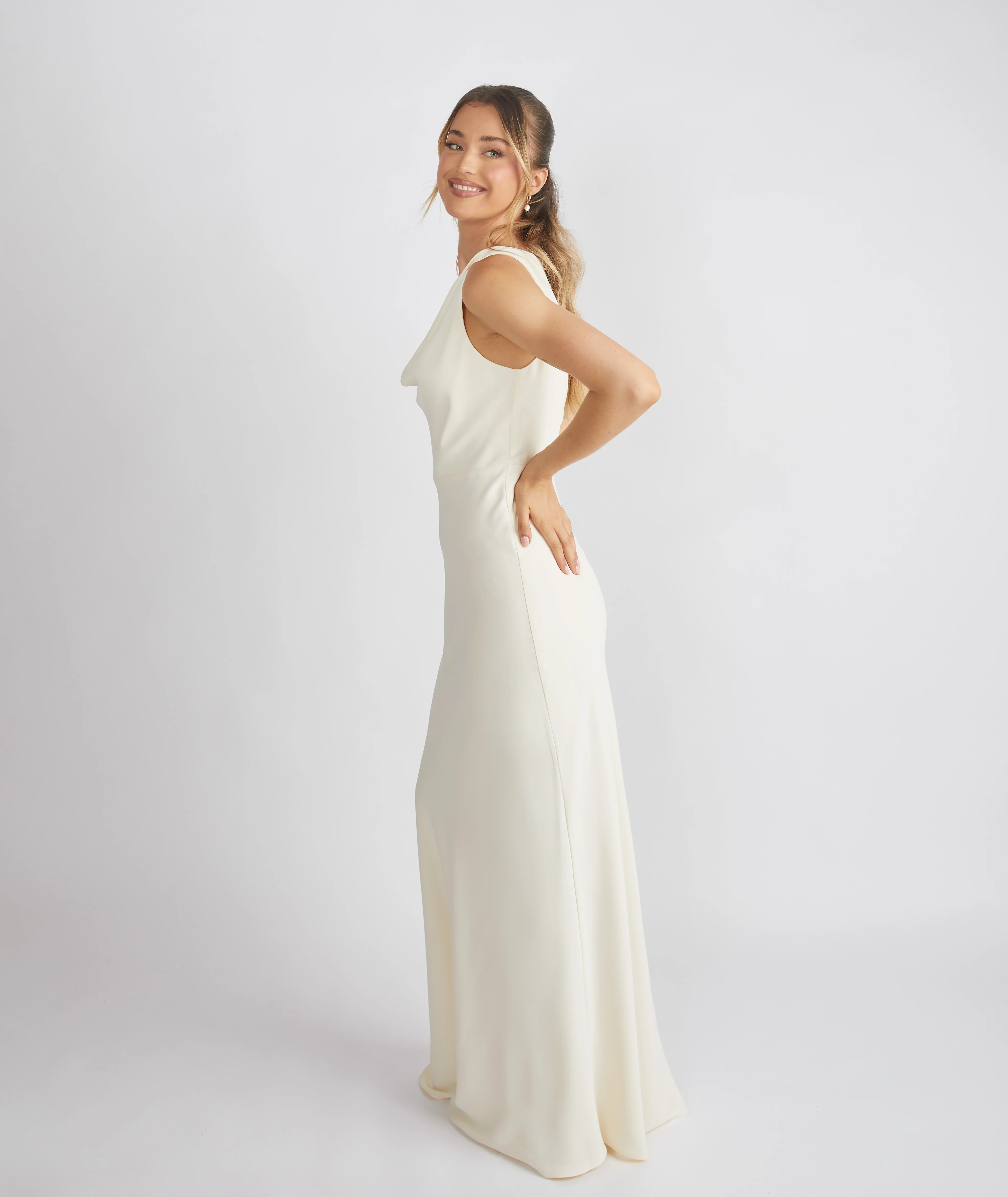 Cowl Front Crepe Bridesmaid Dress - Almond - Image 6