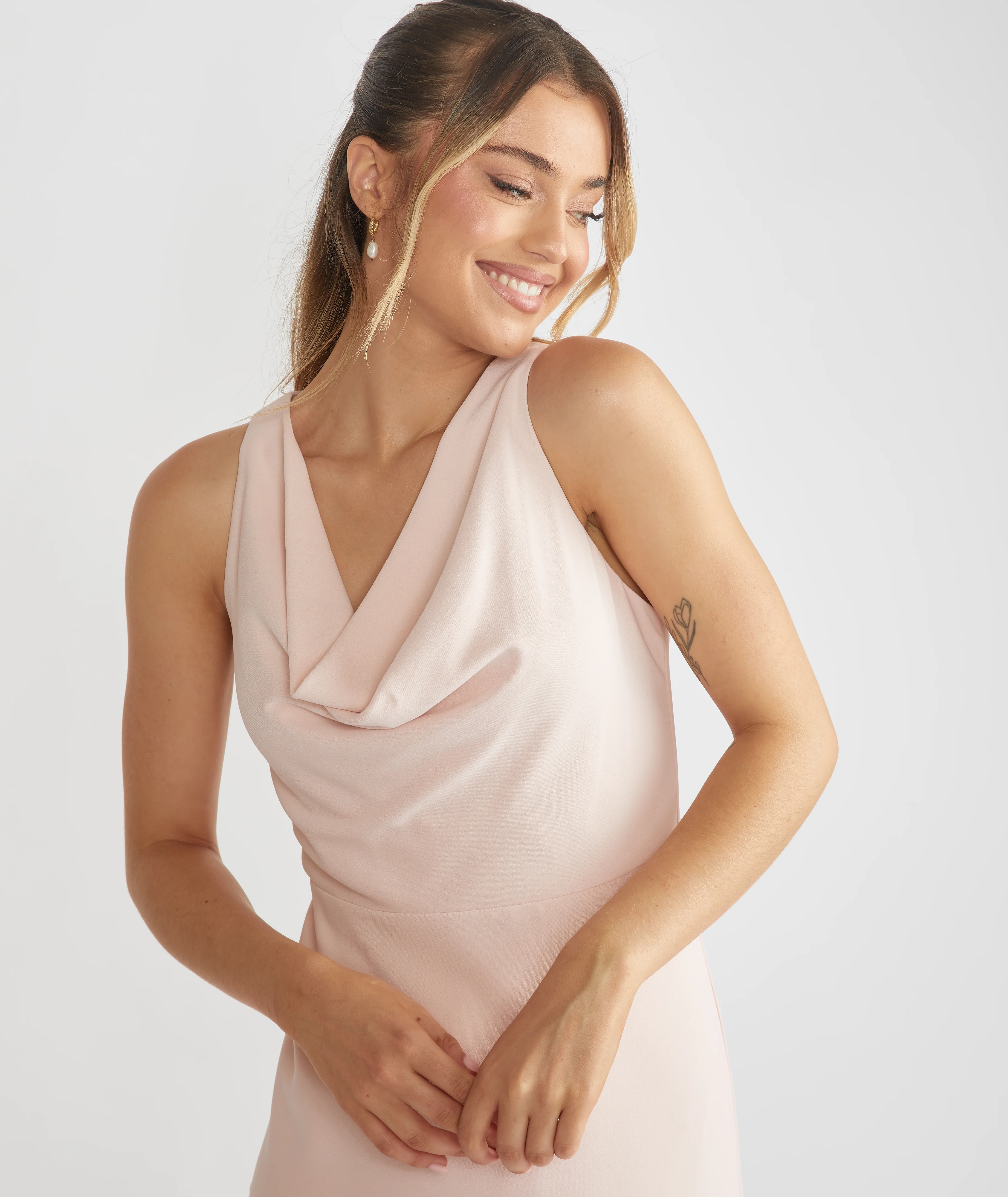 Cowl Front Crepe Bridesmaid Dress - Blush - Image 5