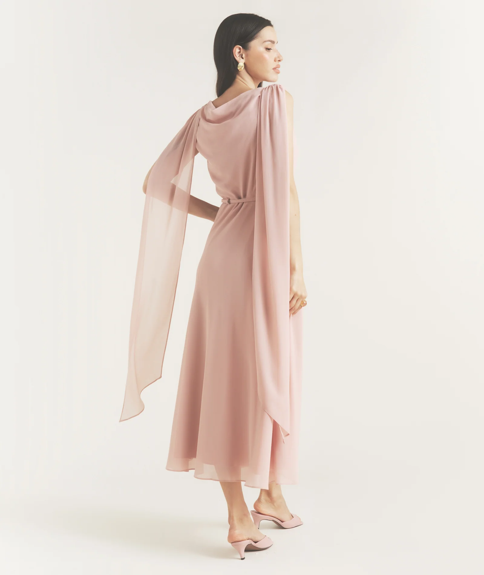Cowl Front Drape Detail Belted Midi Dress - Rose - Image 4