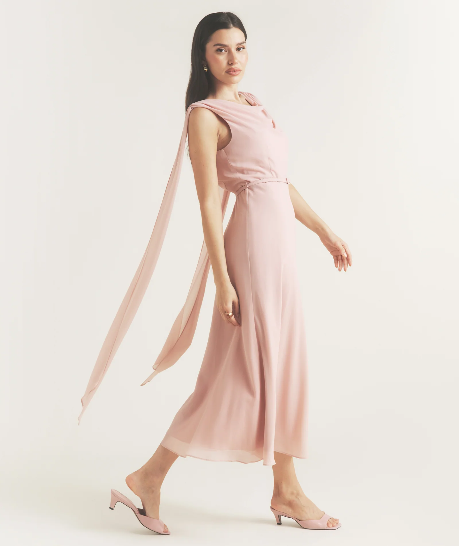 Cowl Front Drape Detail Belted Midi Dress - Rose - Image 5