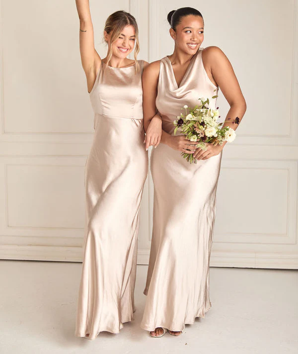 Cowl Front Satin Bridesmaid Dress - Oyster - Image 8