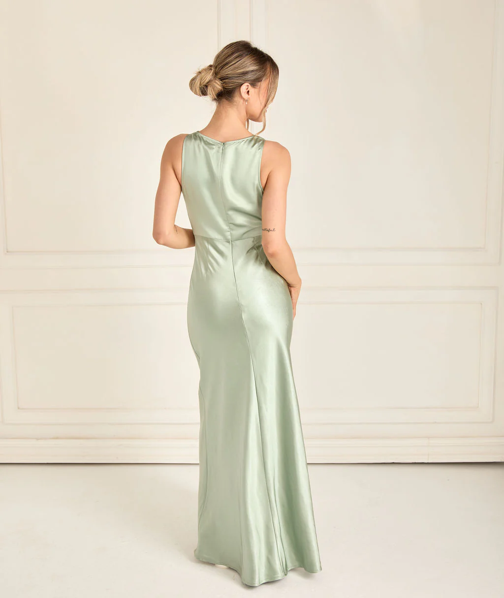 Cowl Front Satin Bridesmaid Dress - Sage - Image 4