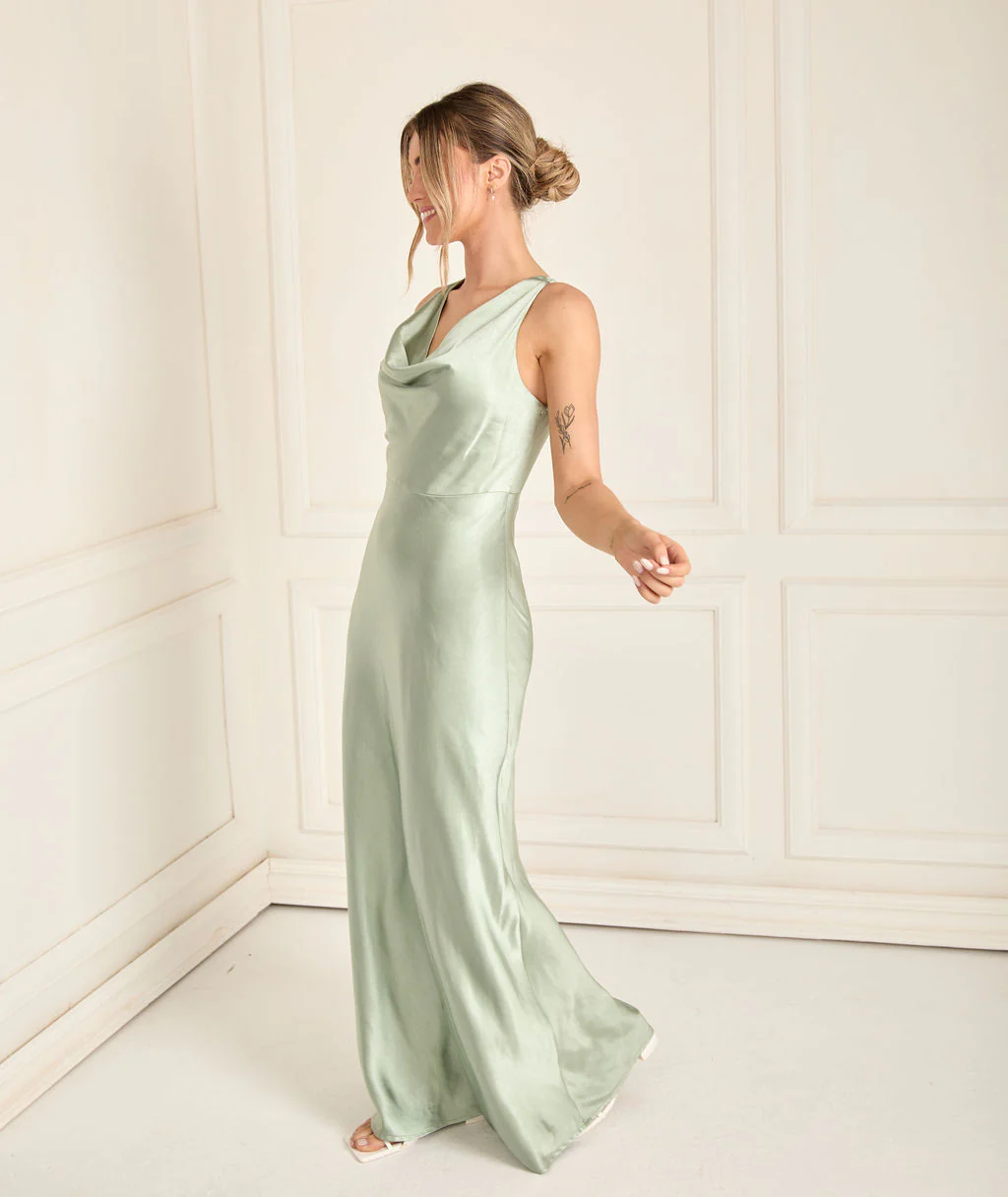 Cowl Front Satin Bridesmaid Dress - Sage - Image 5