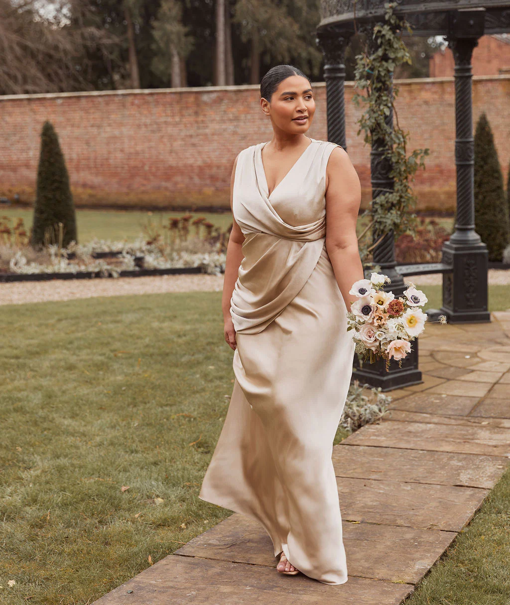 Drape Detail Satin Bridesmaid Dress - Champagne - Image 3