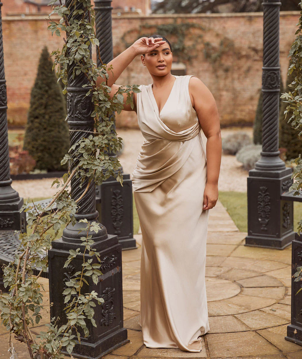 Drape Detail Satin Bridesmaid Dress - Champagne - Image 5