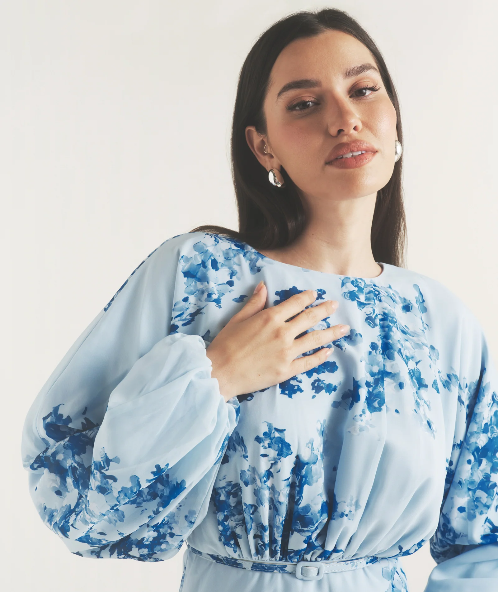 Floral Balloon Sleeve Maxi Dress - Pale Blue - Image 5