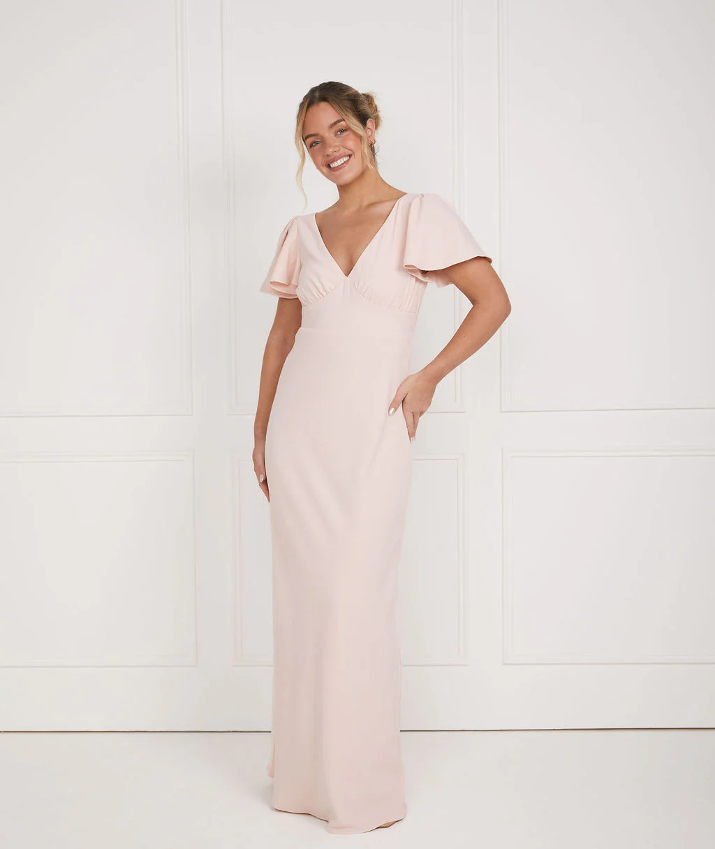 Flutter Sleeve V Neck Crepe Bridesmaid Dress - Blush - Image 3