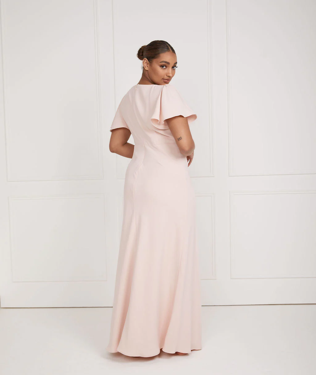 Flutter Sleeve V Neck Crepe Bridesmaid Dress - Blush - Image 4