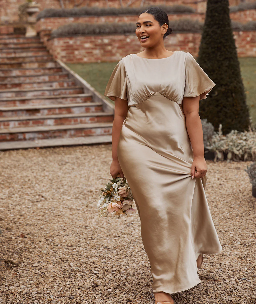 Gathered Bust Satin Bridesmaid Dress - Champagne - Image 4