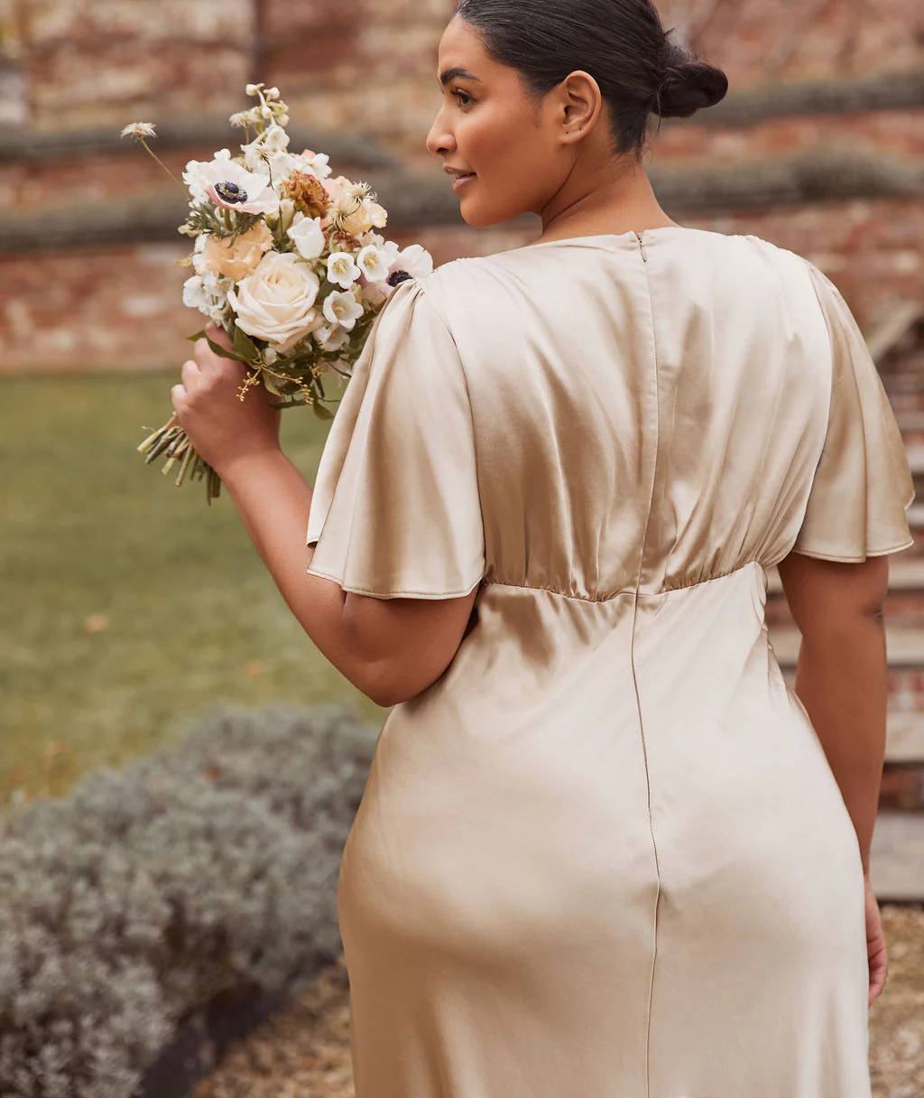 Gathered Bust Satin Bridesmaid Dress - Champagne - Image 5