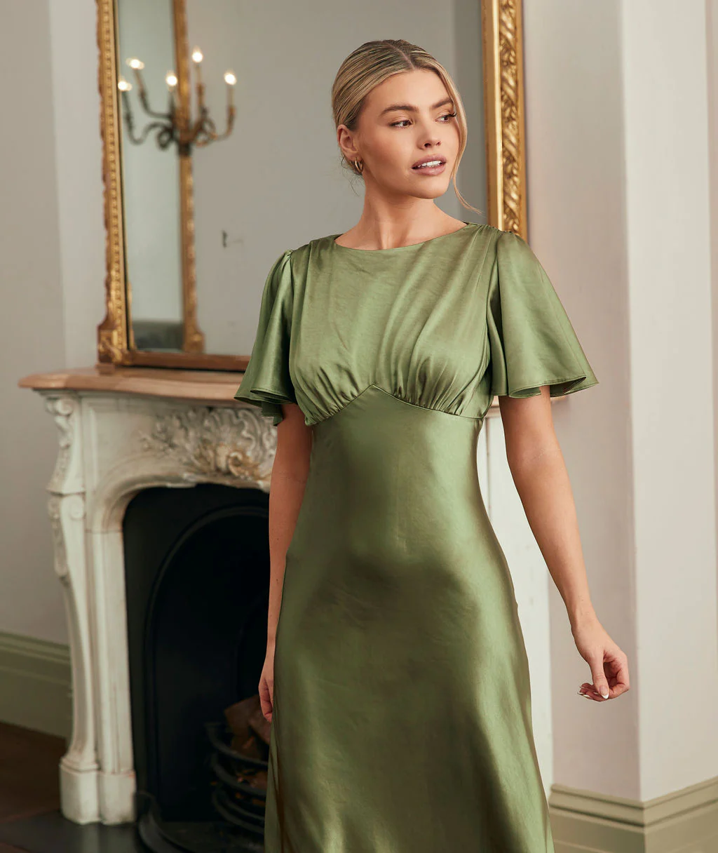Gathered Bust Satin Bridesmaid Dress - Moss Green - Image 5