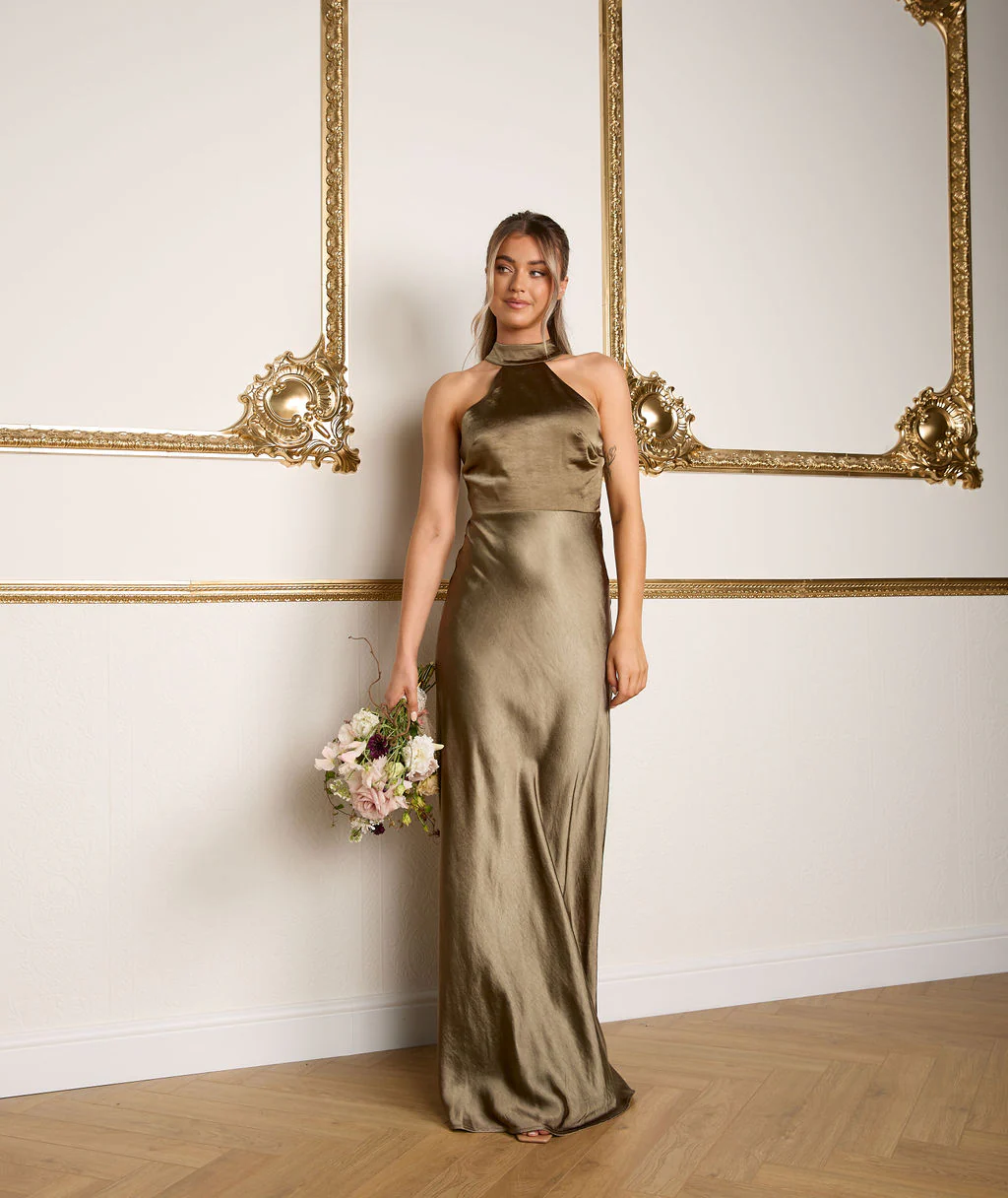 Halter Neck Satin Bridesmaid Dress - Olive - Image 3