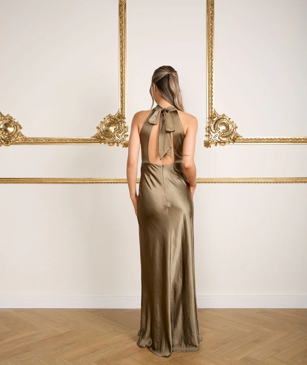Halter Neck Satin Bridesmaid Dress - Olive - Image 4