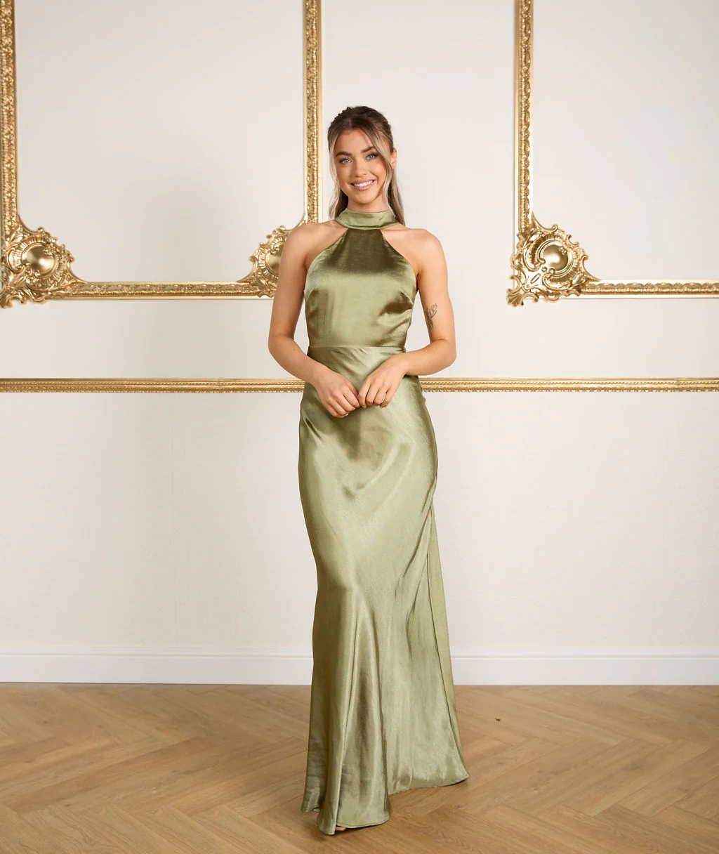 Halter Neck Satin Bridesmaid Dress - Moss Green - Image 3