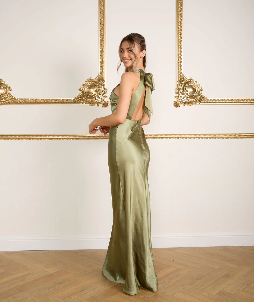 Halter Neck Satin Bridesmaid Dress - Moss Green - Image 4