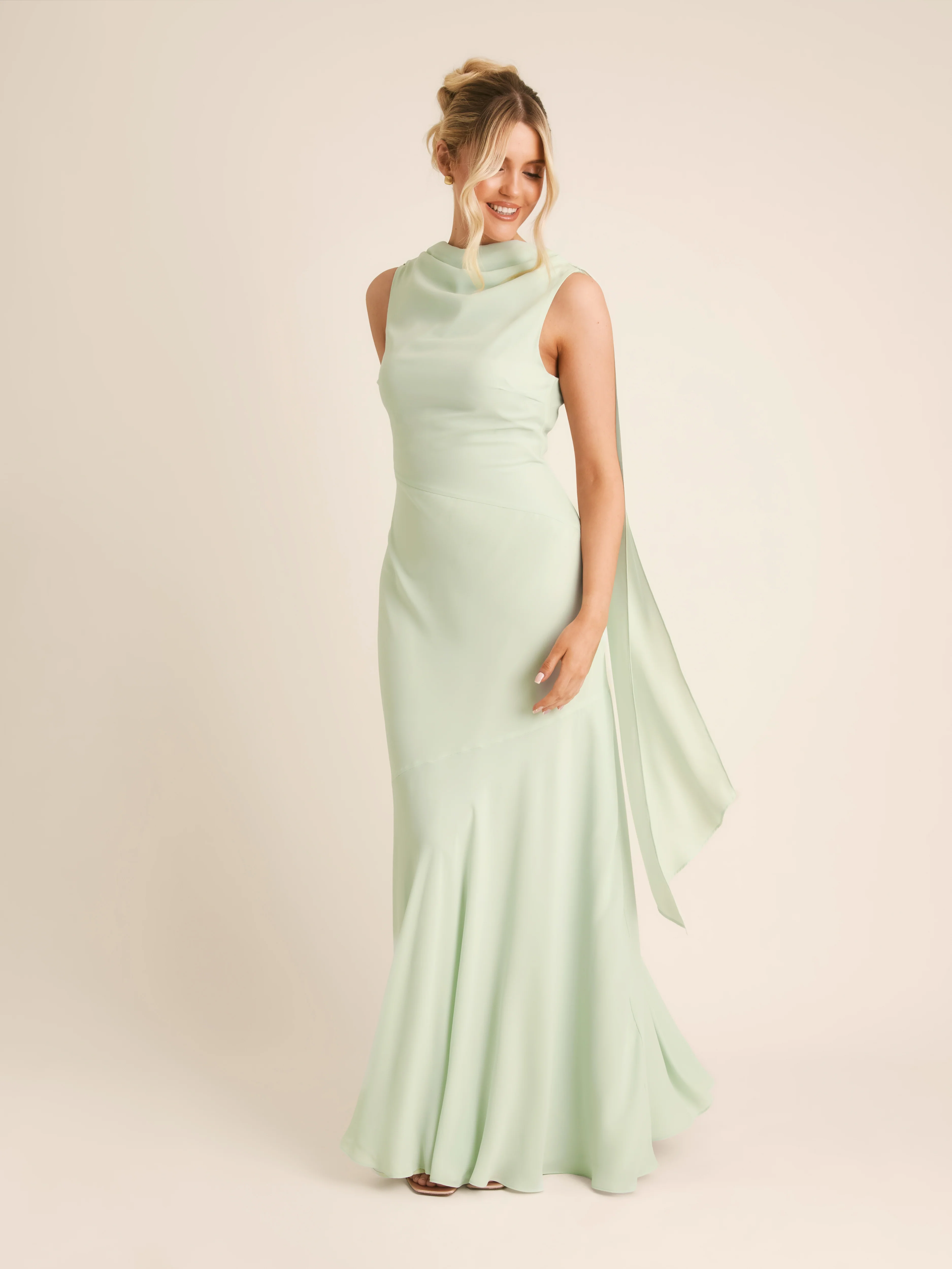 High Cowl Neck Drape Chiffon Bridesmaid Dress - Mint Green - Image 6