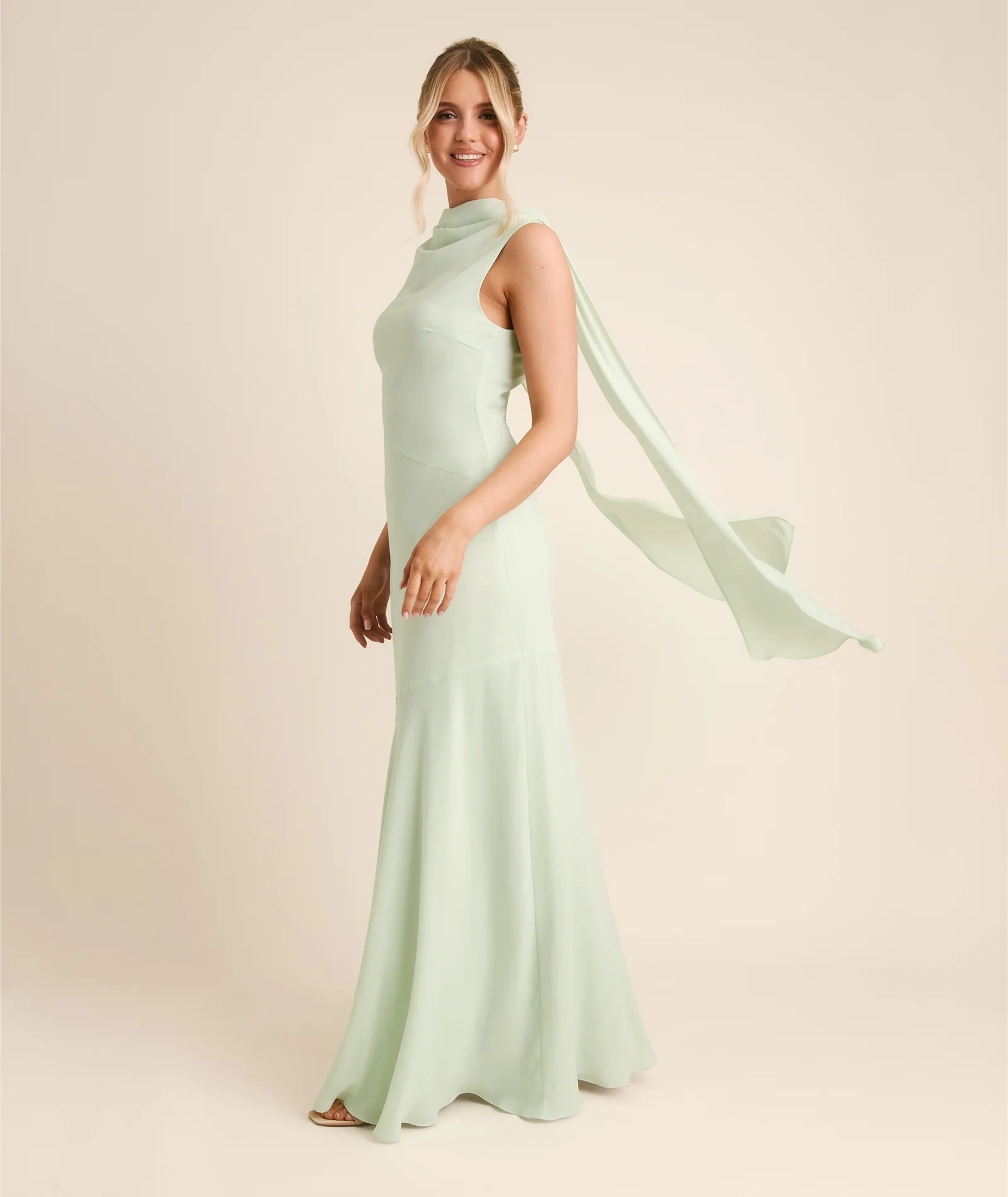 High Cowl Neck Drape Chiffon Bridesmaid Dress - Mint Green - Image 7