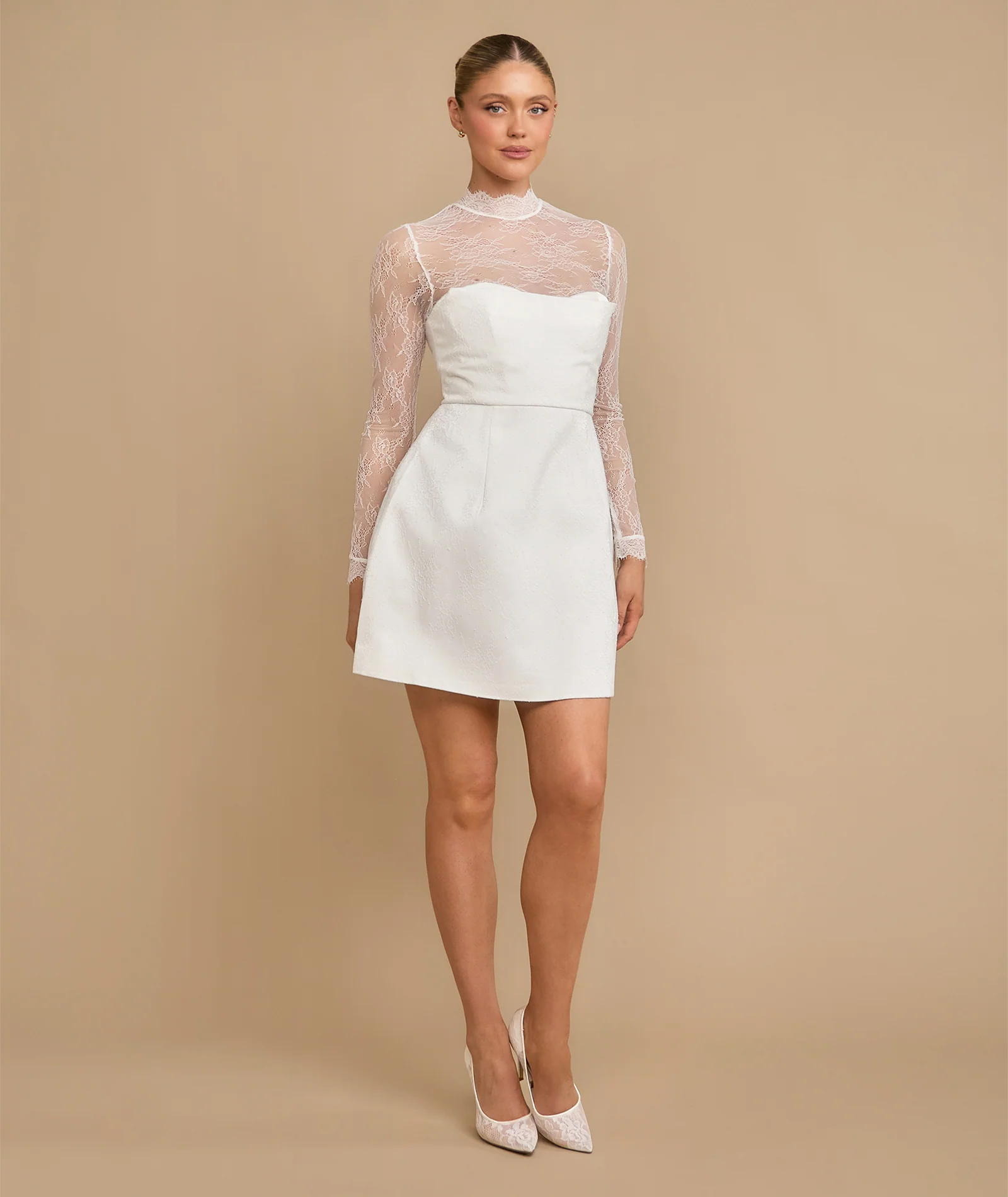 Lace Sleeve Cup Detail Mini Dress - White - Image 7