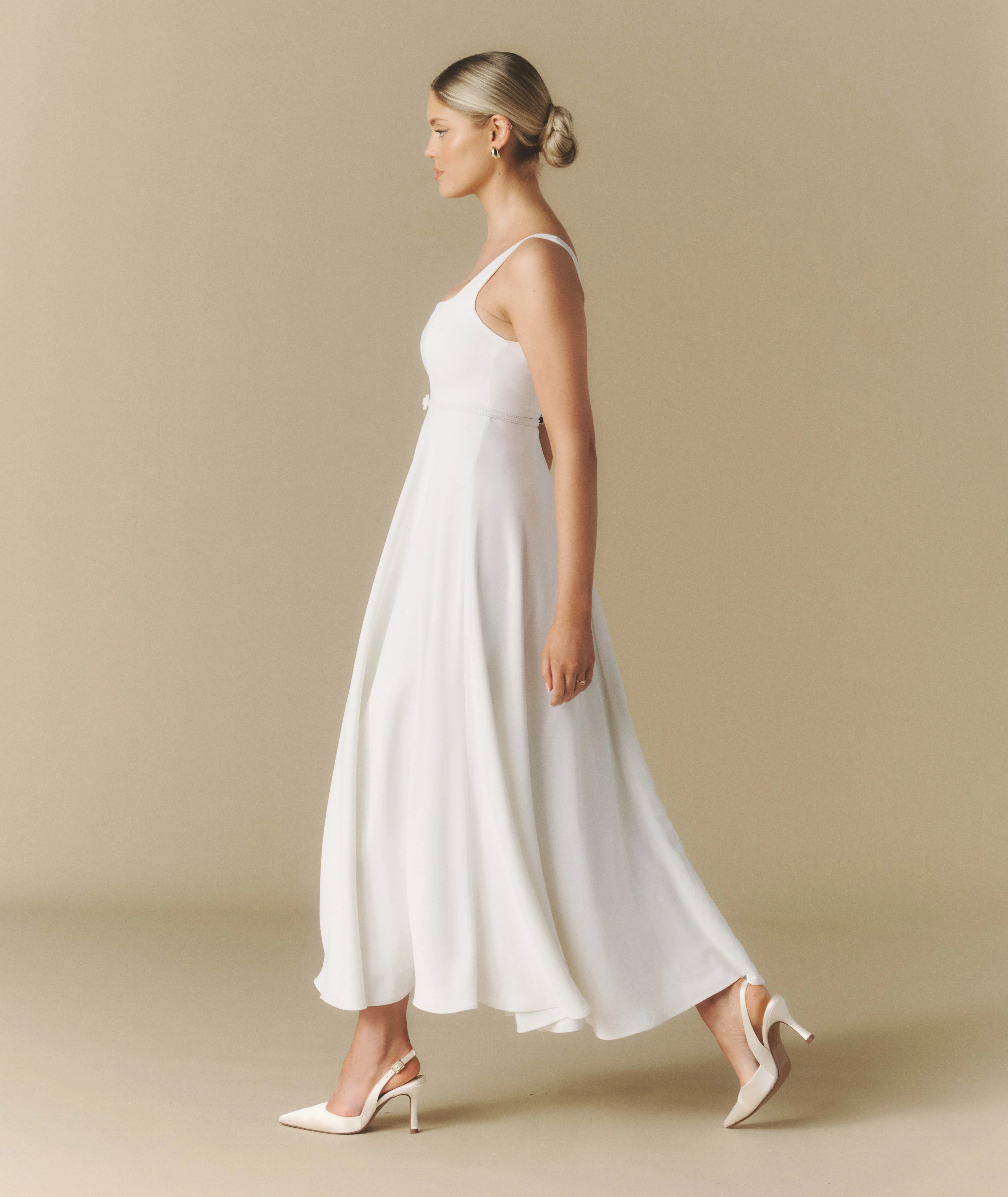 Square Neck Belted Midi Dress - White - Image 3