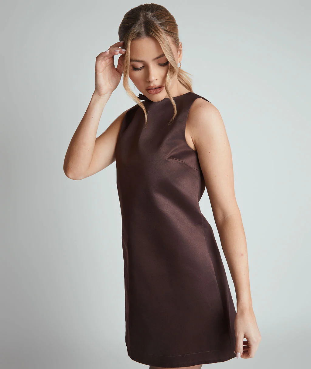 Mini Shift Bow Satin Dress - Chocolate Brown - Image 5