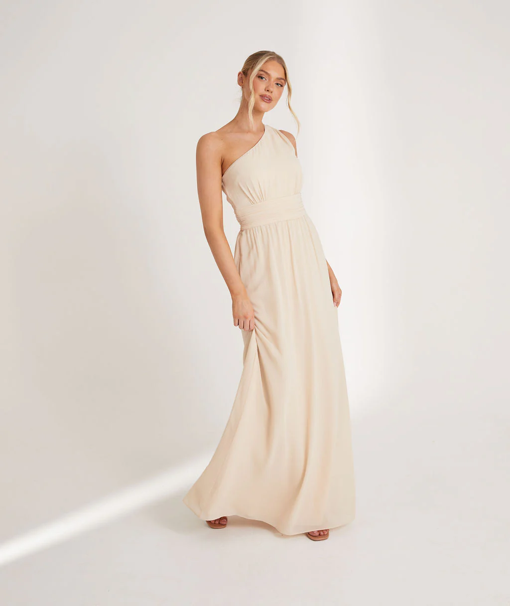 One Shoulder Chiffon Bridesmaid Dress - Butter Cream - Image 6