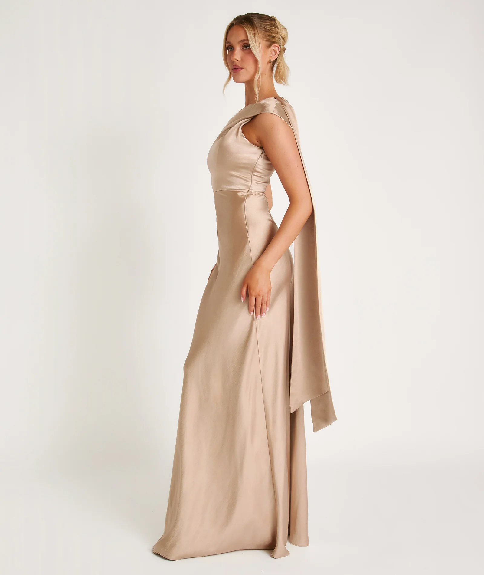 One Shoulder Drape Satin Bridesmaid Dress - Champagne - Image 4