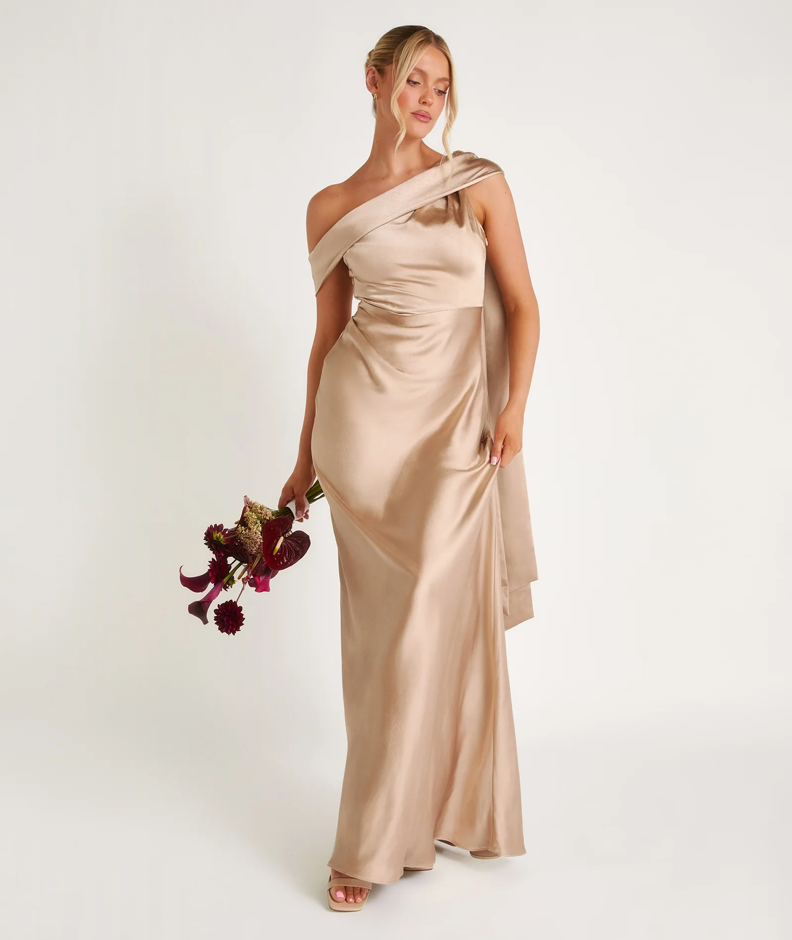 One Shoulder Drape Satin Bridesmaid Dress - Champagne - Image 6