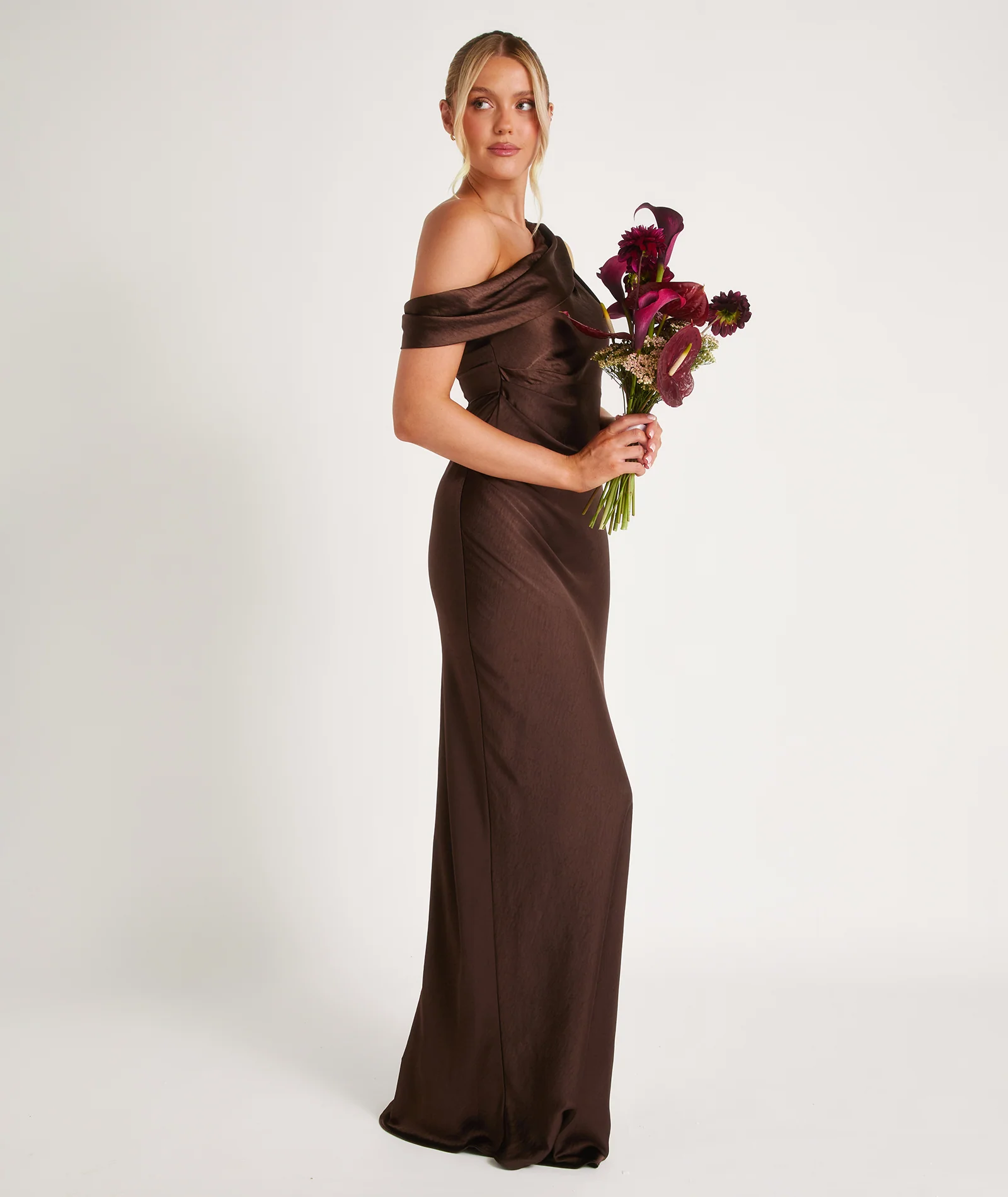One Shoulder Drape Satin Bridesmaid Dress - Chocolate - Image 7