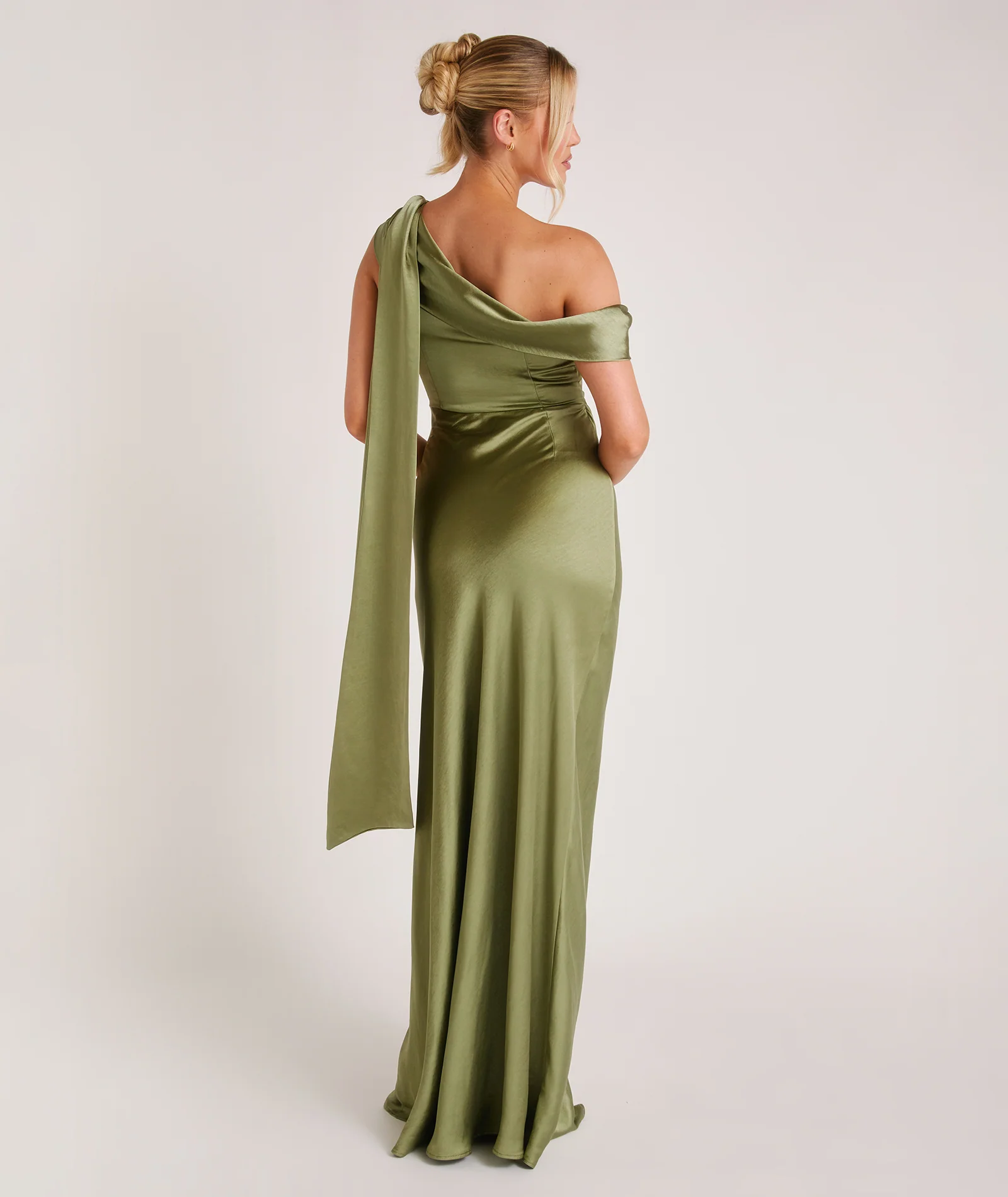 One Shoulder Drape Satin Bridesmaid Dress - Moss Green - Image 6