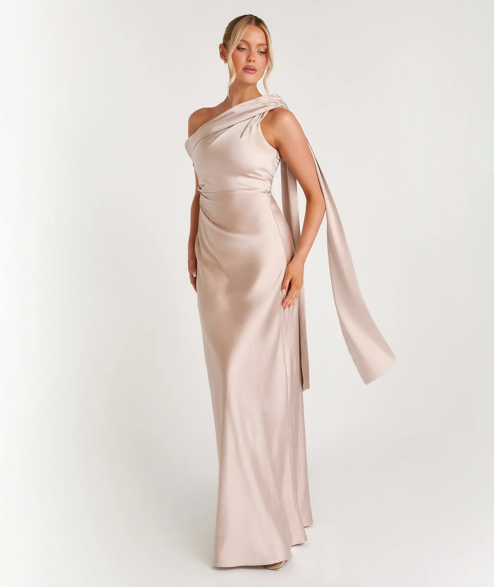 One Shoulder Drape Satin Bridesmaid Dress - Oyster - Image 3