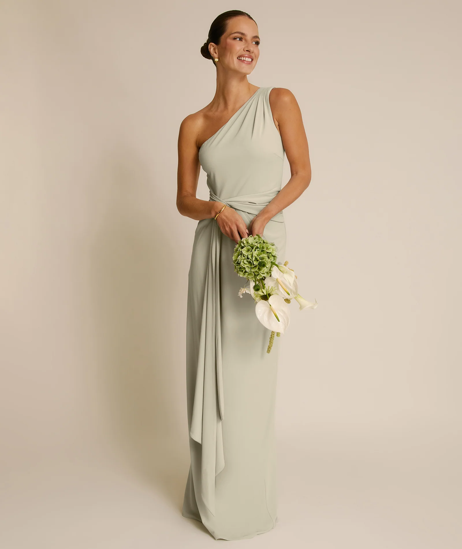 One Shoulder Stretch Sculpt Bridesmaid Dress - Soft Sage - Image 4