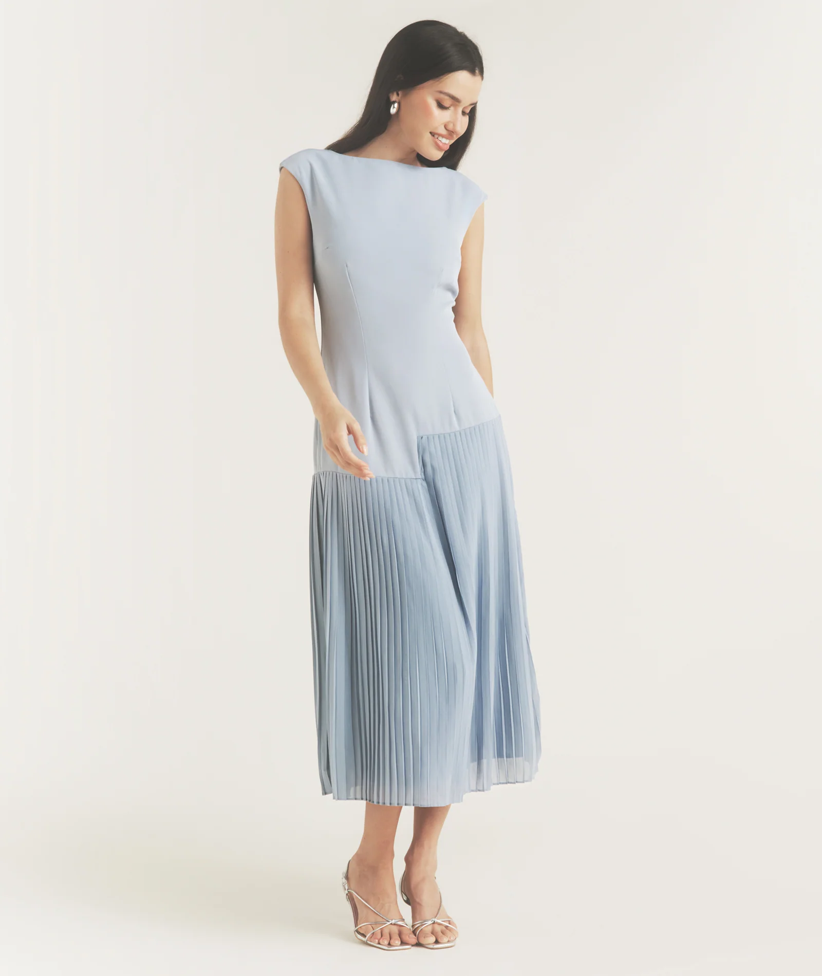 Pleated Cap Sleeve Maxi Dress - Blue - Image 5