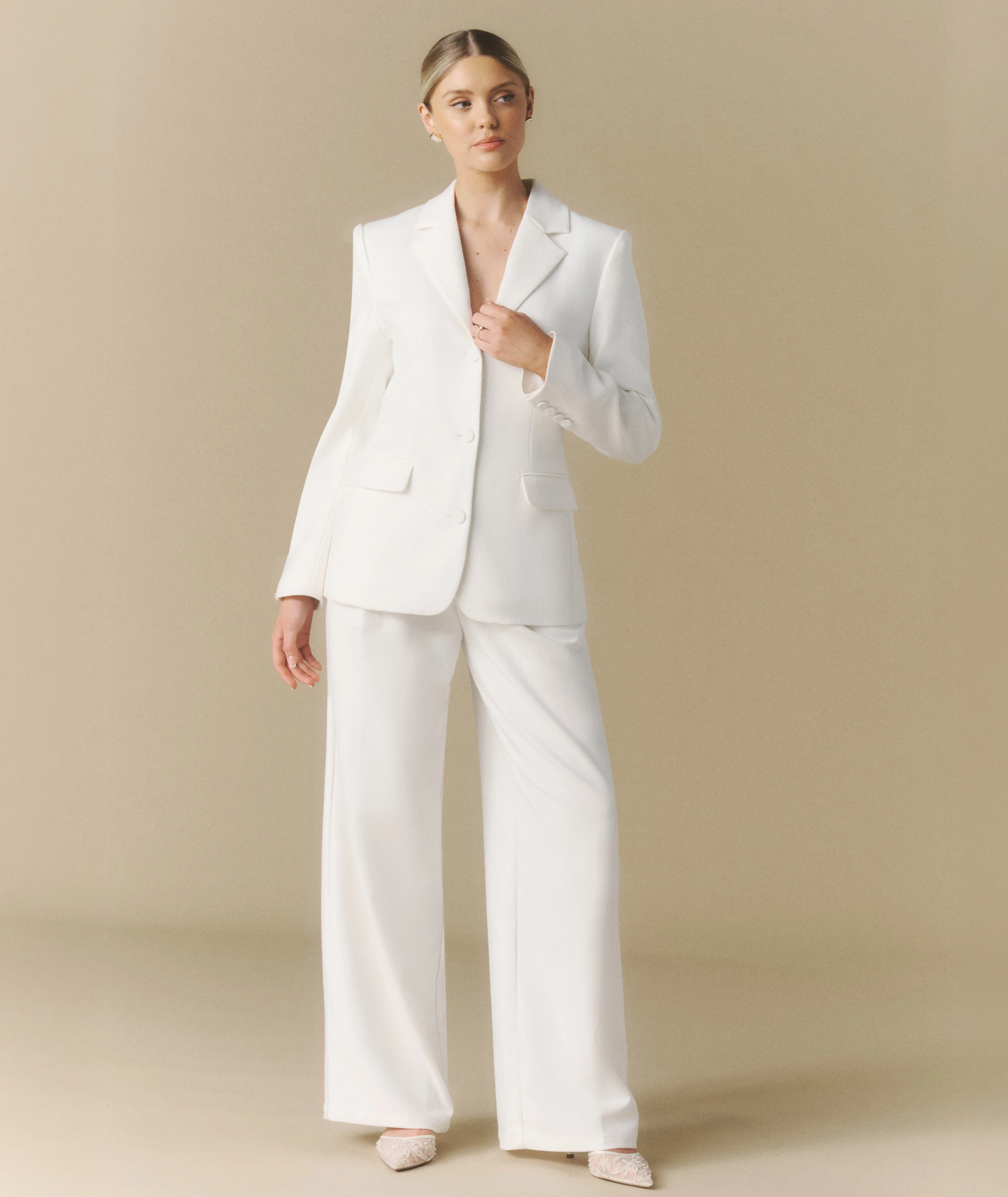 Pleated Wide Leg Pants - Off White - Image 3
