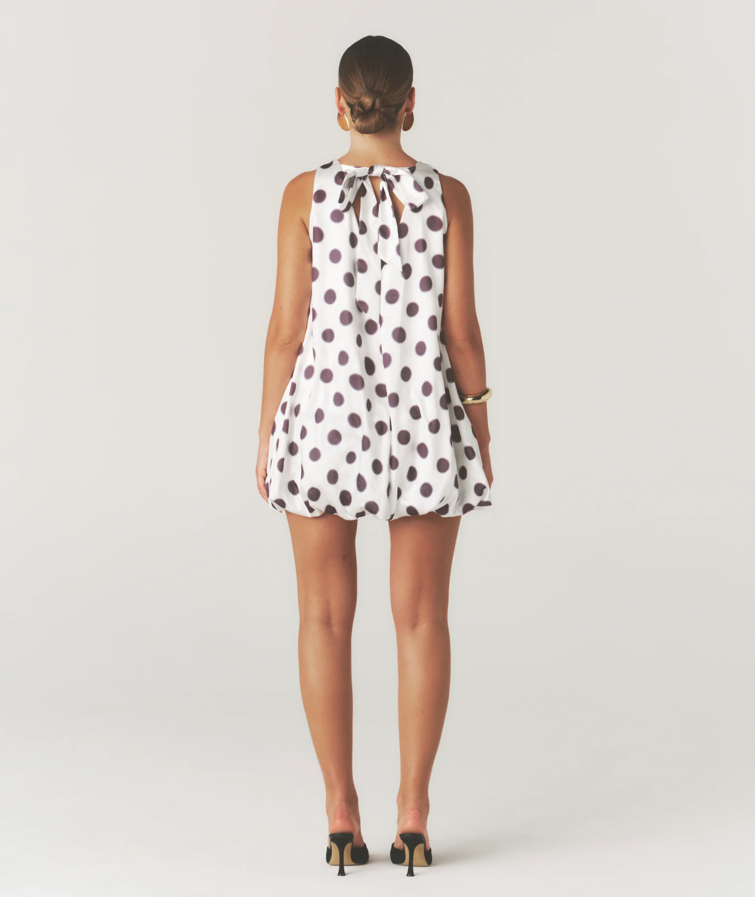 Polka Dot Satin Puff Ball Mini Dress - White - Image 5