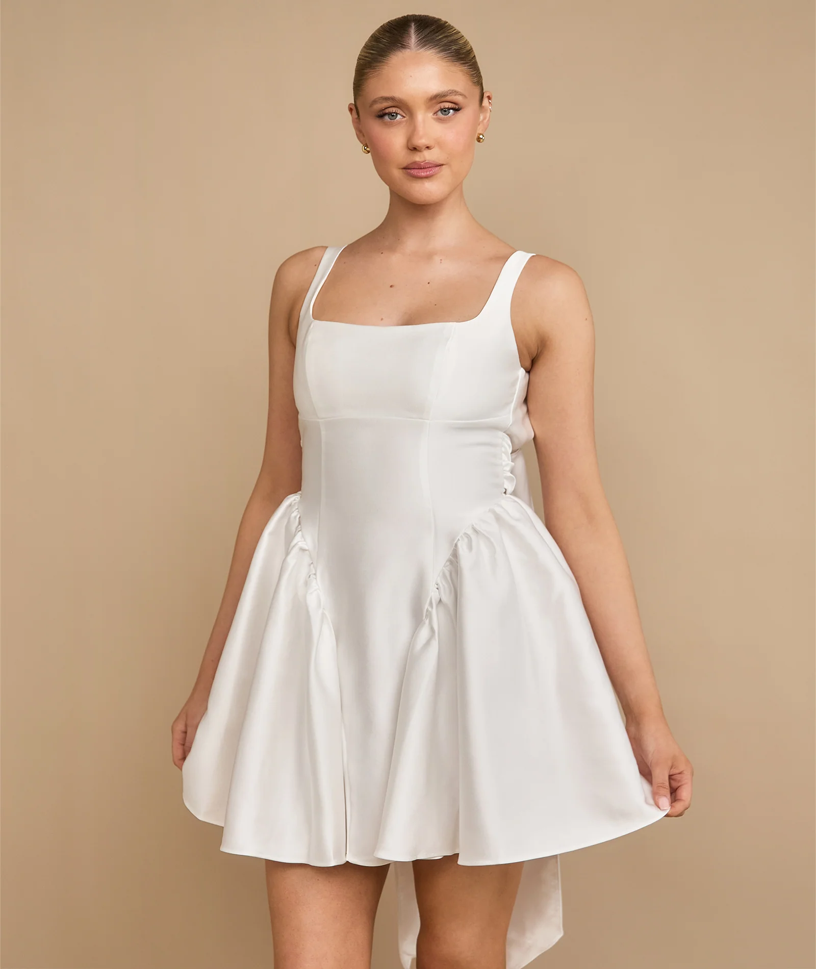Satin Bow Back Pleated Skirt Mini Dress - White - Image 3