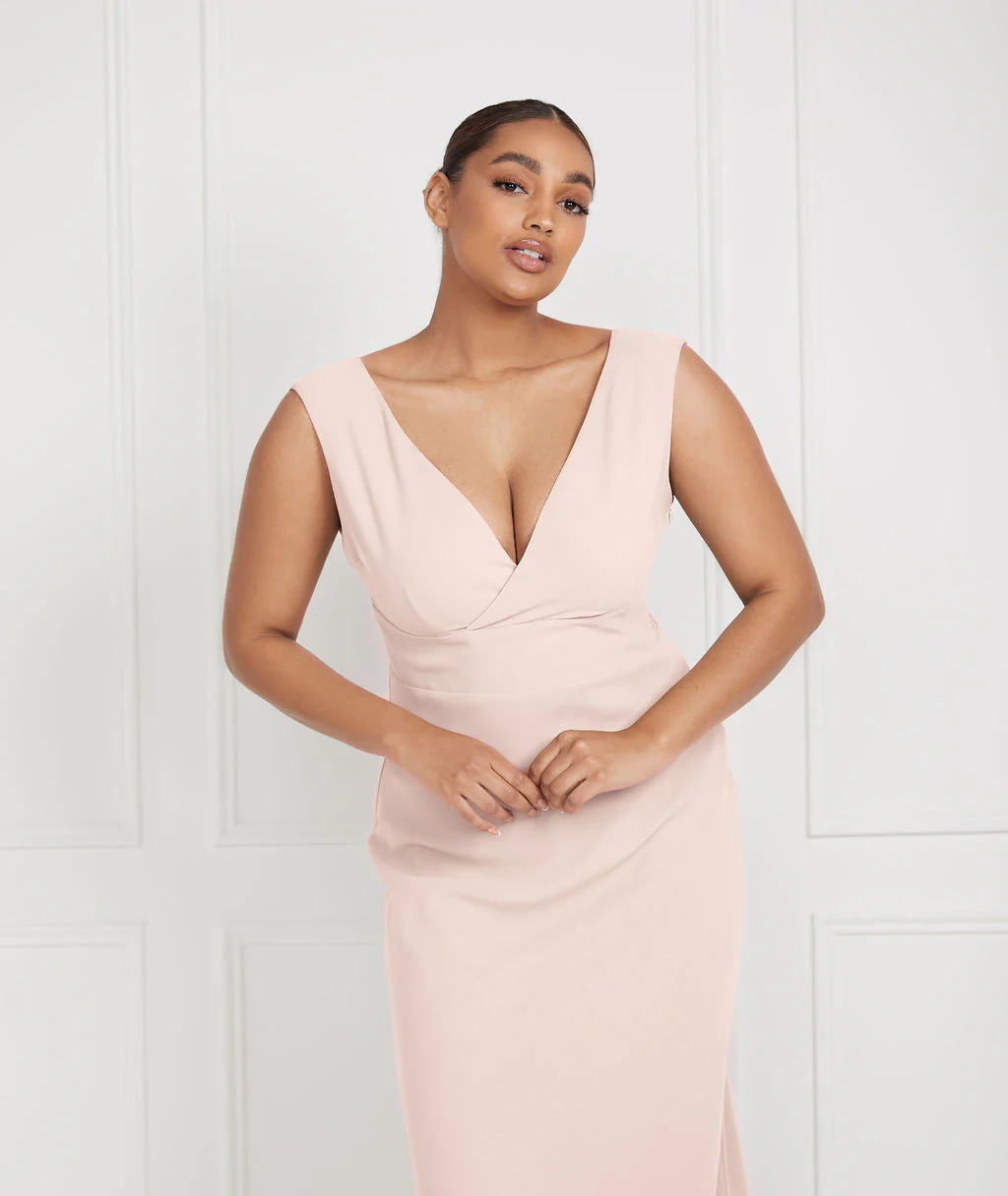 V Neck Crepe Bridesmaid Dress - Blush - Image 4