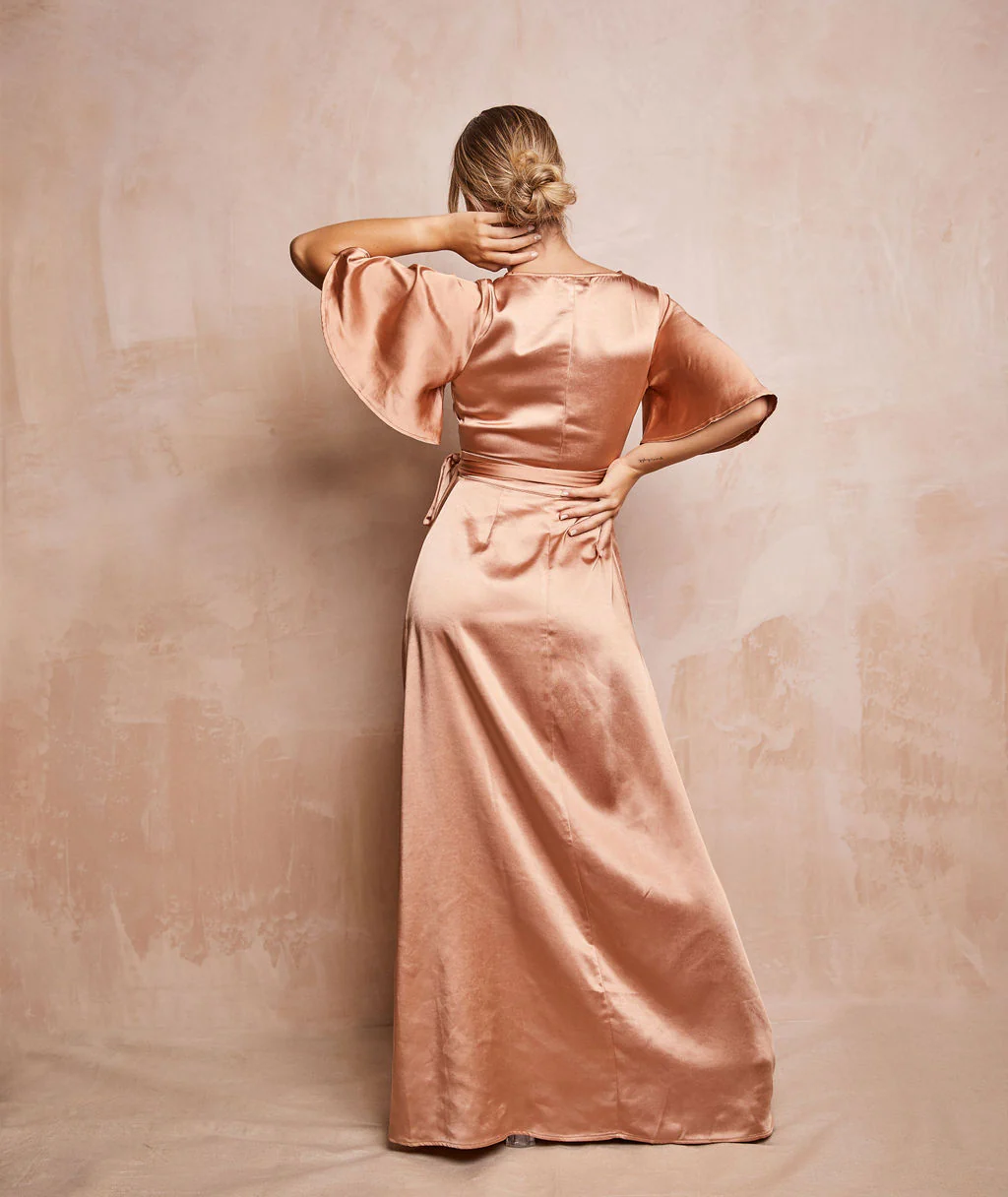 Wrap Tie Satin Bridesmaid Dress - Burnt Peach - Image 4