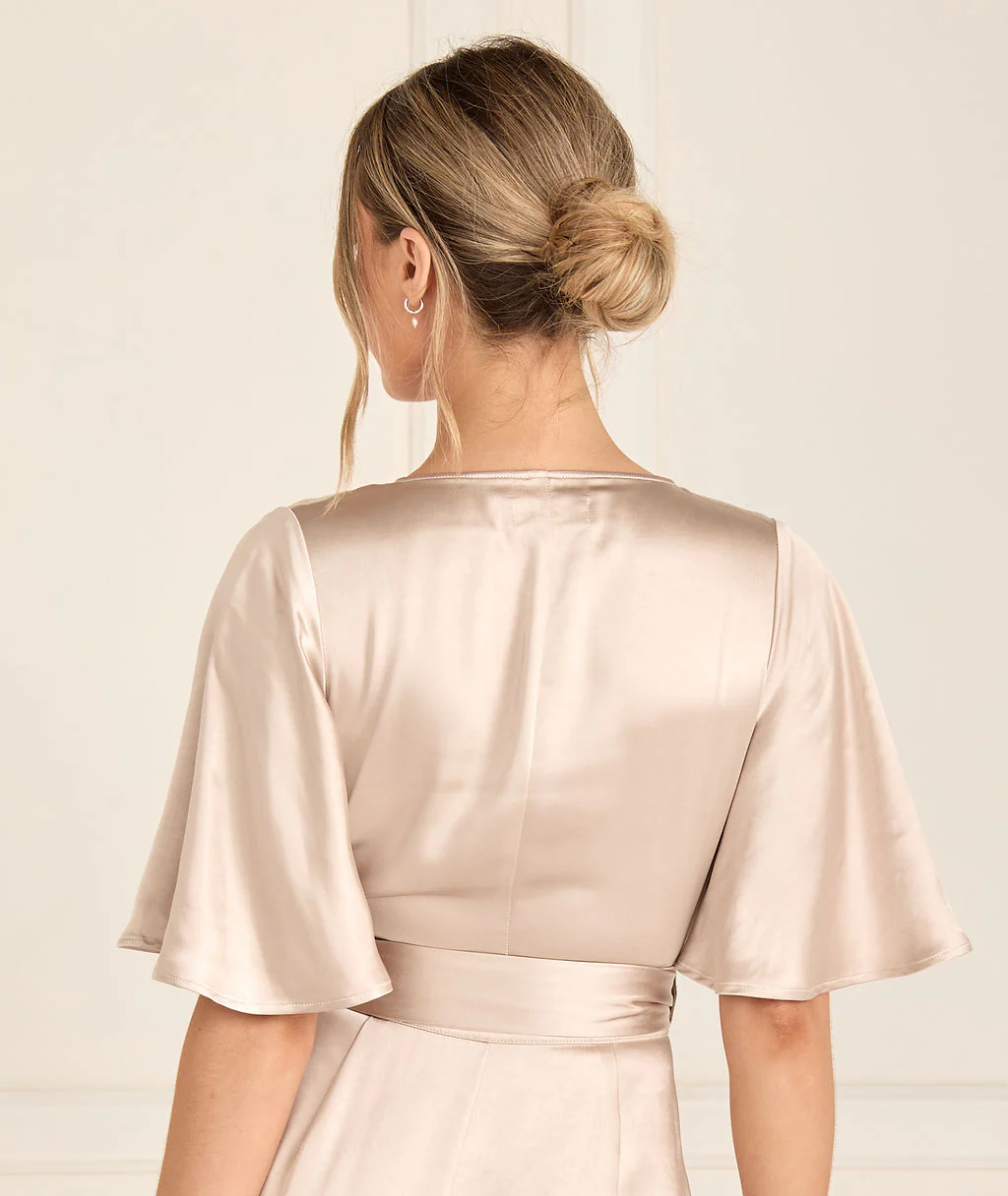 Wrap Tie Satin Bridesmaid Dress - Oyster - Image 4