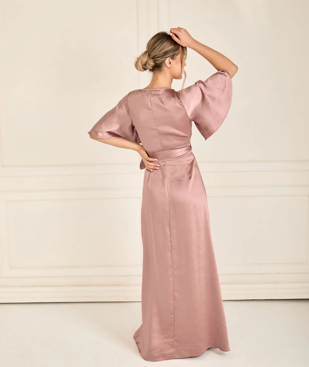 Wrap Tie Satin Bridesmaid Dress - Rose - Image 3