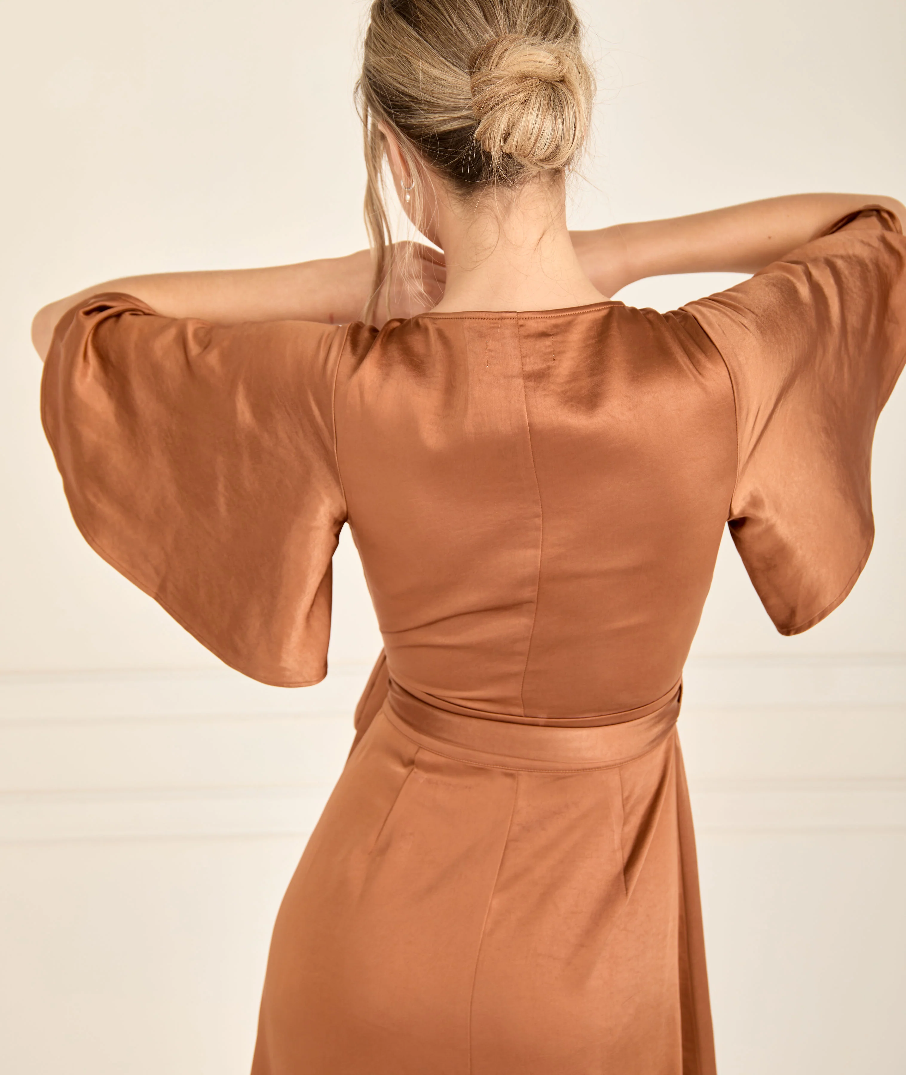 Wrap Tie Satin Bridesmaid Dress - Rust - Image 4